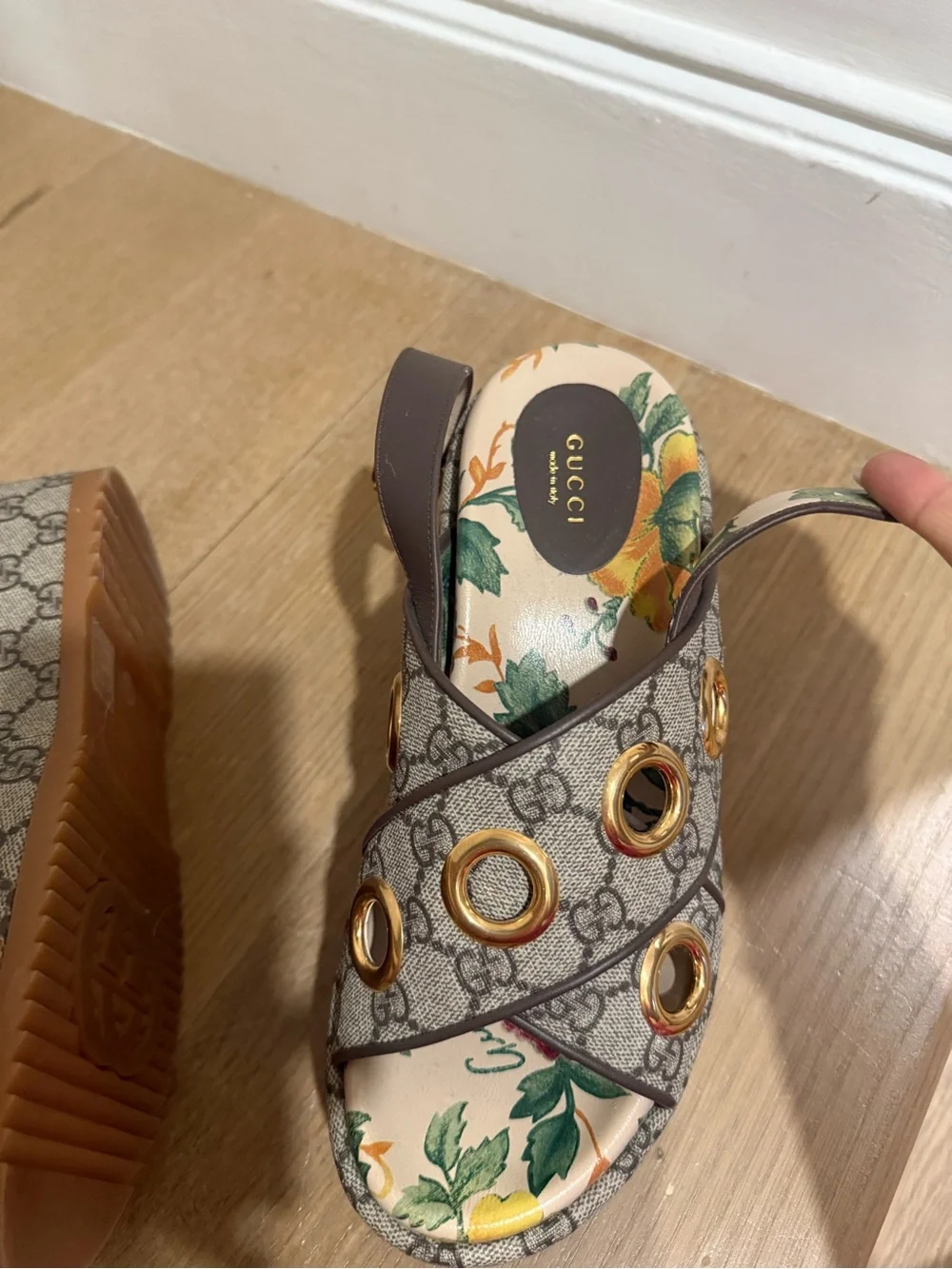 Gucci Beige Monogram Platform Sandals with Gold Grommets